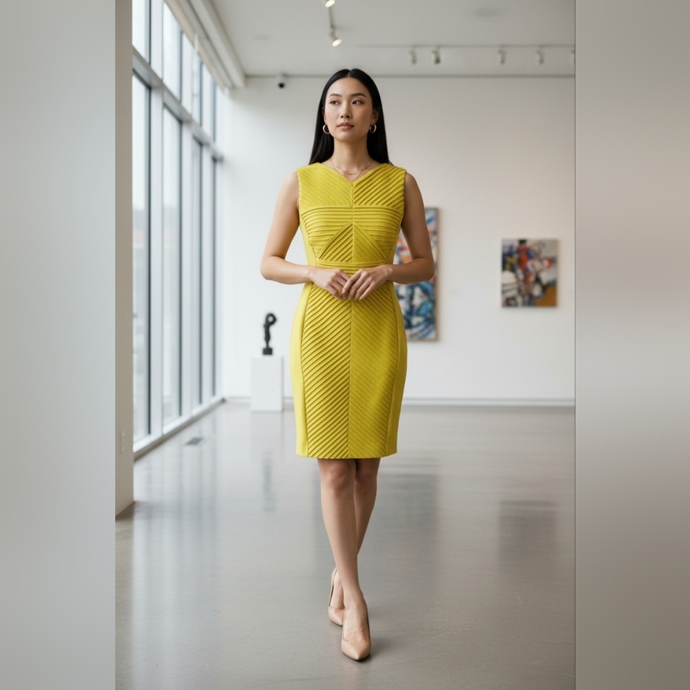 Calvin Klein Citron Yellow Sheath PLEATED Dress SZ 4 PETITE